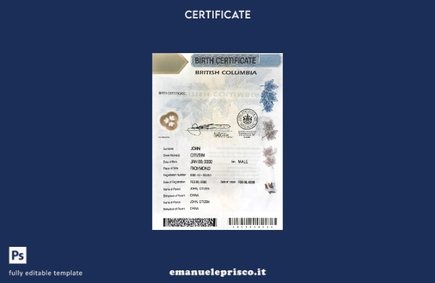 modello di certificato di nascita della Columbia Britannica del Canada in stile 